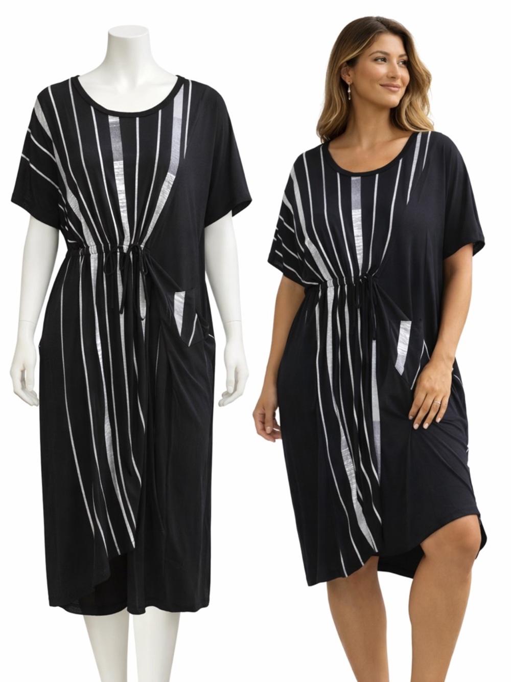 Gabby Isabella Black Striped Midi Dress | Short Sleeve Drawstring Pocket | M